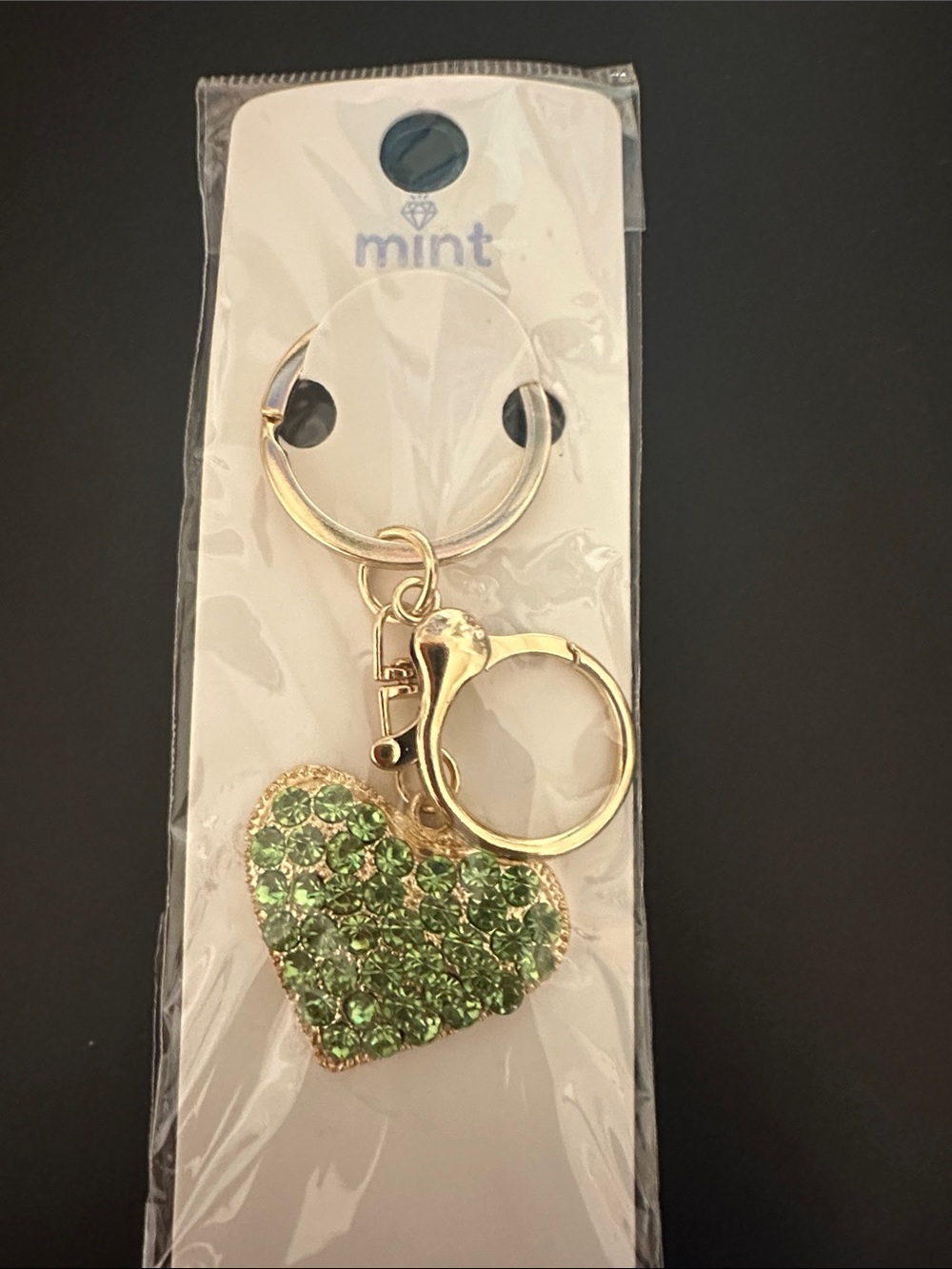 Mint Gold Keyring with Green Crystal Heart Charm